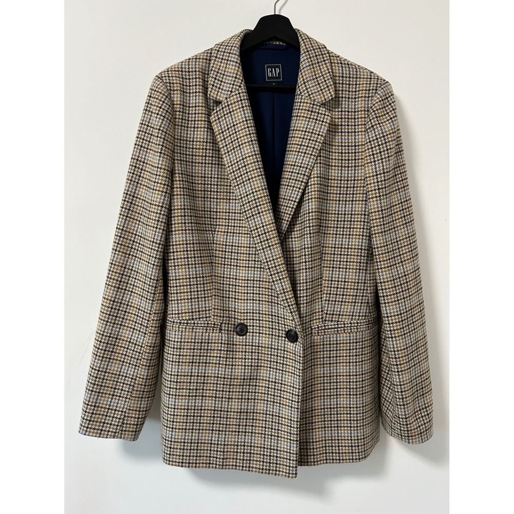 Gap Double Breasted Plaid Blazer Women 12 Tall Brown Dark Academia Houndstooth